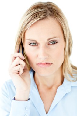 Frustrated businesswoman talking on phone clipart