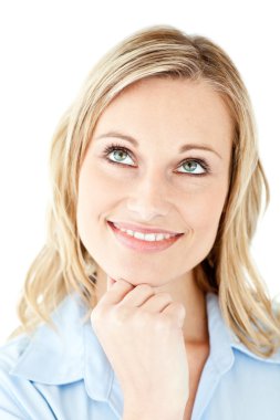 Portrait of a pensive businesswoman smiling at the camera clipart