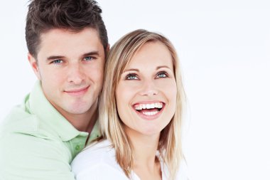 Young beautiful couple man looking at the camera clipart