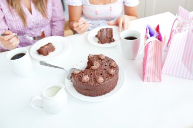 Close-up of caucasian female friends eating a chocolate cake in clipart