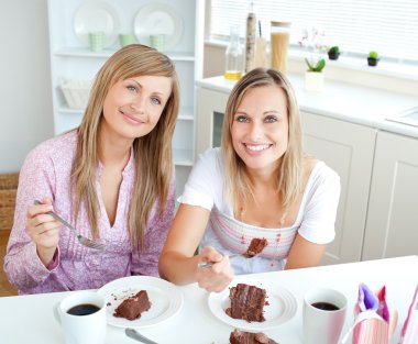 Elegant women eating a chocolate cake during snack time in the k clipart