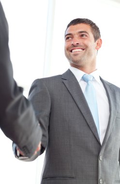 Happy businessmen shaking hands standing in the office clipart