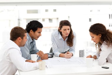 Four charismatic architects looking at plans together clipart