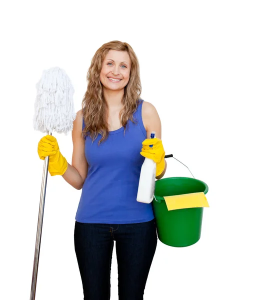 Charming young woman holding a mop — Stock Photo, Image
