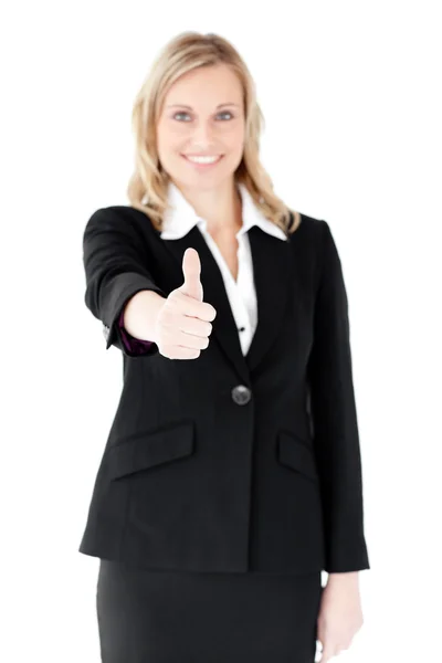 Positive caucasian businesswoman with thumb up — Stock Photo, Image
