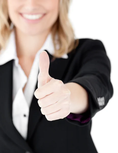 Close-up of a caucasian businesswoman with thumb up — Stock Photo, Image