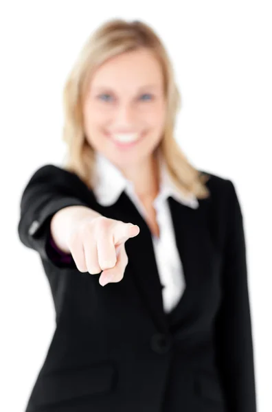 Bright young businesswoman showing with a finger at the camera — Stock Photo, Image