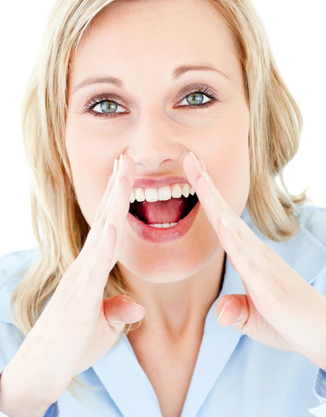 Portrait of a blond woman shouting at the camera — Stock Photo, Image