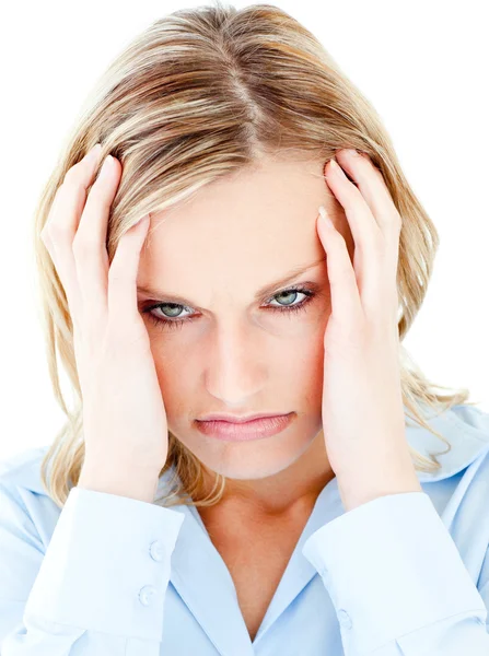 Portrait of a frustrated woman against white background — Stock Photo, Image