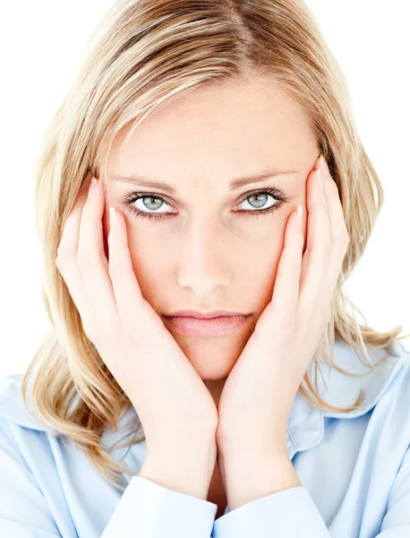 Portrait of an unhappy blond woman looking at the camera — Stock Photo, Image