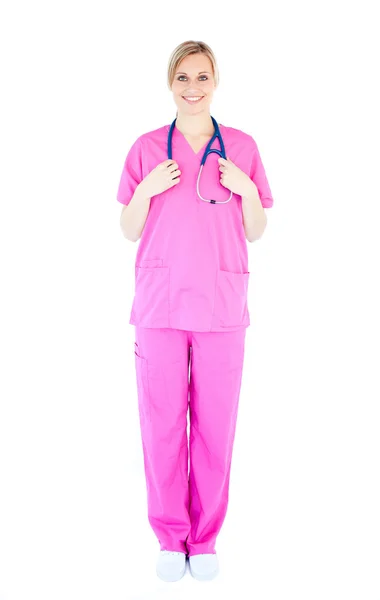 Confident young female surgeon holding a stethoscope — Stock Photo, Image