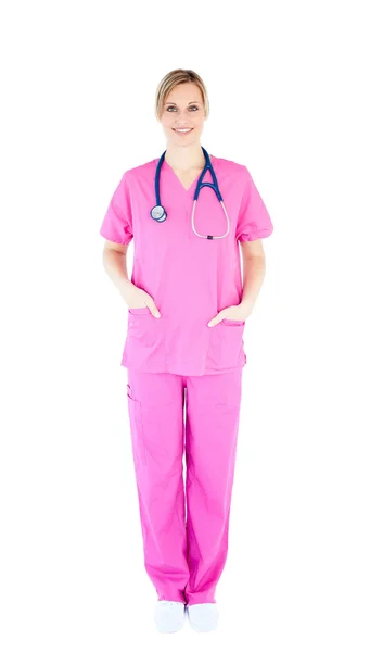 Positive young female surgeon wearing scrubs — Stock Photo, Image