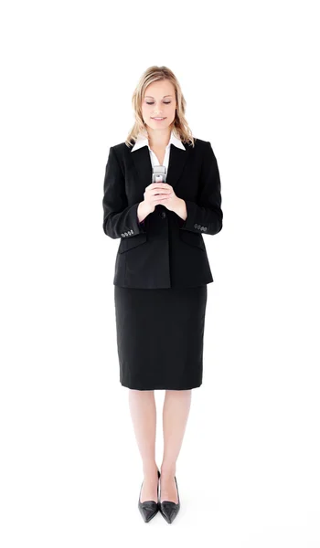 Pretty young businesswoman sending a message — Stock Photo, Image