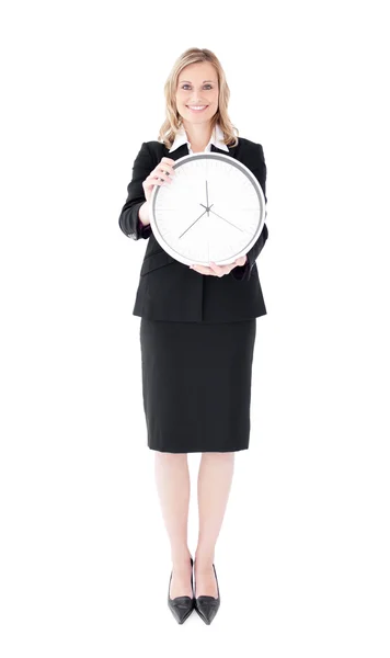 Mulher de negócios brilhante segurando um relógio — Fotografia de Stock