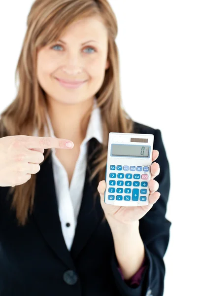 Isolated woman showing at a calculator — Stock Photo, Image