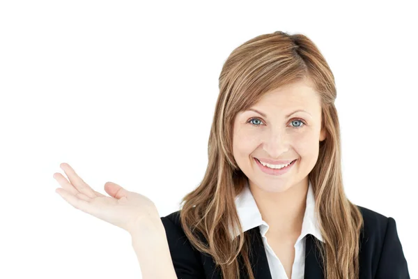 Animerade affärskvinna ler mot kameran — Stockfoto