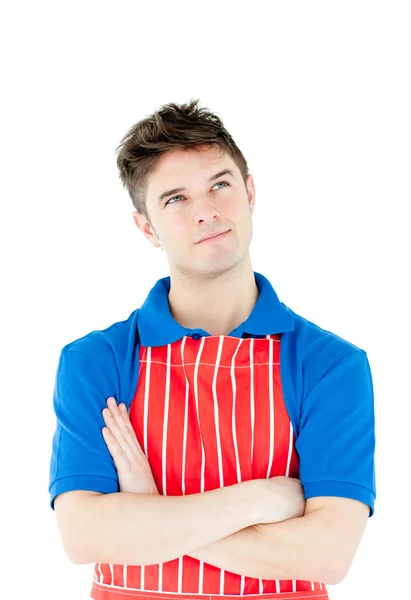 Súlyos fiatal szakács visel egy kötény karokkal — Stock Fotó