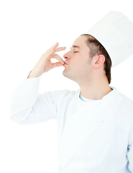 Poważny kucharz mężczyzna Wyświetlono znak pyszne — Zdjęcie stockowe
