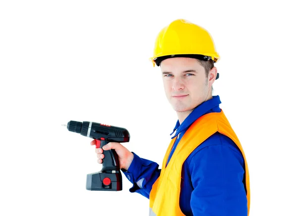 Assertief mannelijke werknemer houden een hulpmiddel — Stockfoto