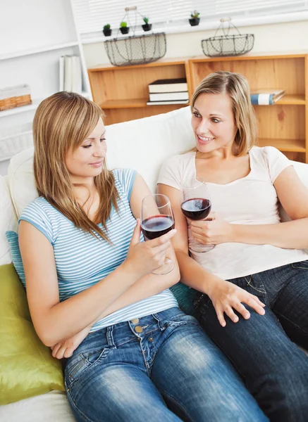 Очаровательные две женщины пьют вино сидя на диване — стоковое фото