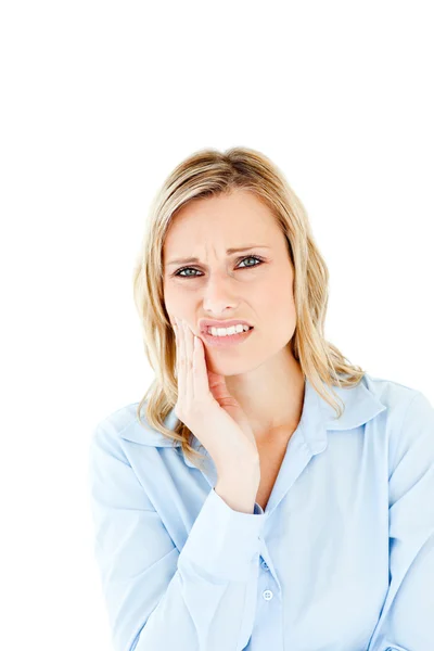 Удрученная деловая женщина с зубной болью — стоковое фото