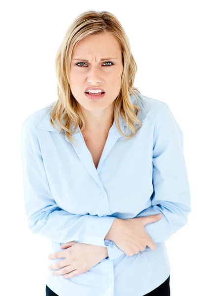 Depressed businesswoman with stomachache — Stock Photo, Image