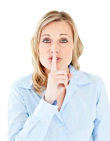Portrait of a pretty businesswoman asking for silence — Stock Photo, Image