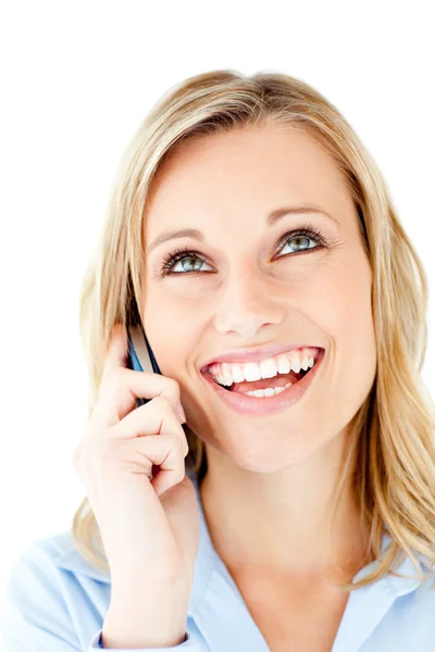Skrattar affärskvinna prata telefon — Stockfoto