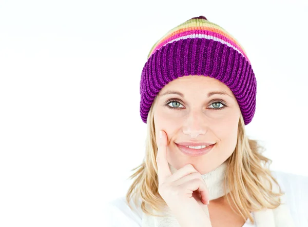 Thoughtful woman looking at the camera in the winter — Stock Photo, Image