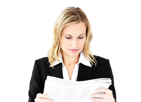 Anxious businesswoman holding a newspaper — Stock Photo, Image