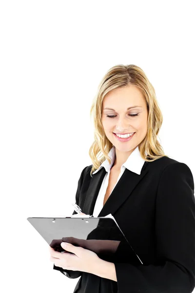 Pozitivní podnikatelka drží stojící schránky — Stock fotografie