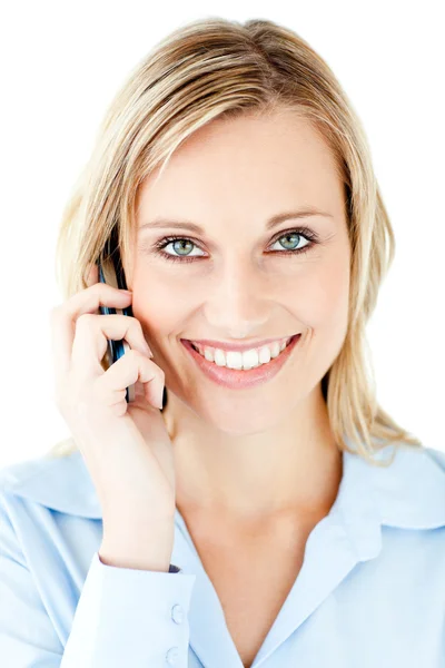 Joyful young businesswoman talking on phone — Stock Photo, Image