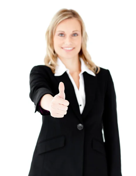 Empresária caucasiana positiva com polegar para cima — Fotografia de Stock