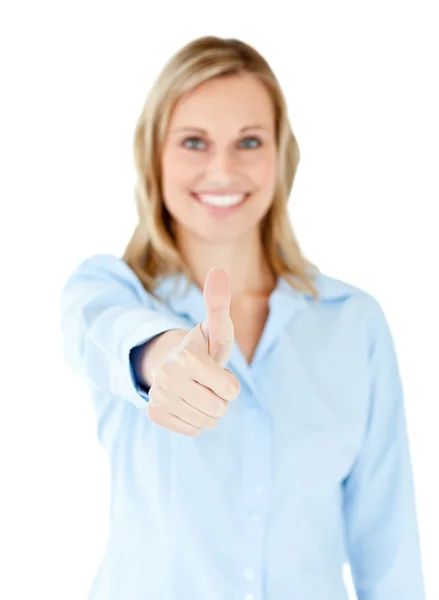 Positive caucasian businesswoman with thumb up — Stock Photo, Image
