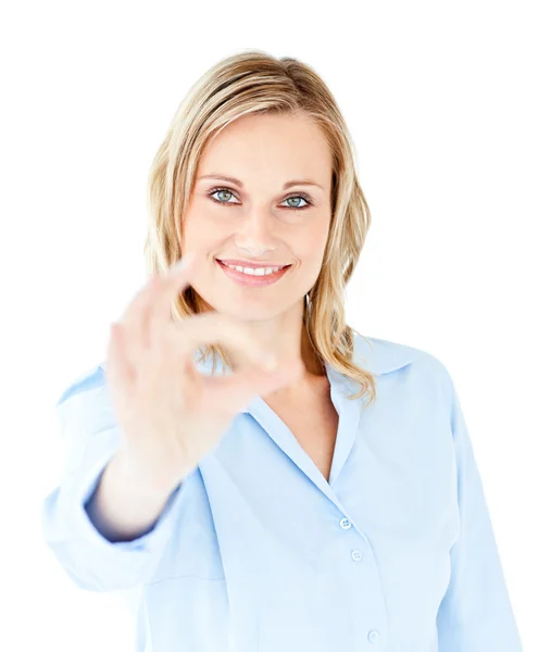 Confident young businesswoman showing OK sign — Stock Photo, Image
