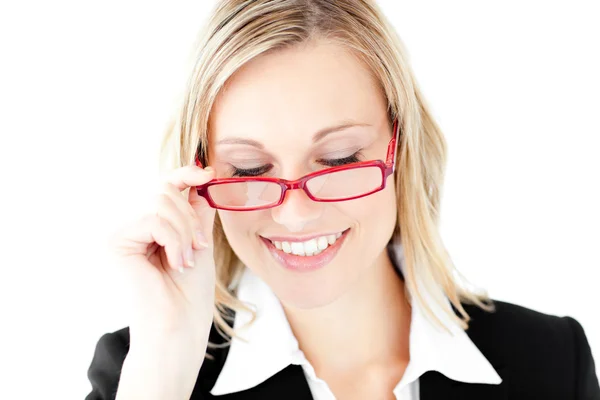 Pretty businesswoman holding red glasses — Stock Photo, Image