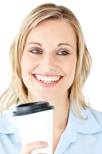 Delighted businesswoman holding a cup of coffee — Stock Photo, Image