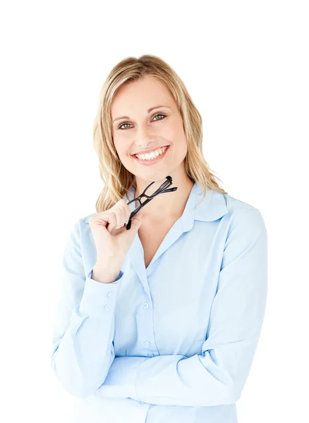 Porträtt av en framgångsrik affärskvinna hålla glasögon — Stockfoto