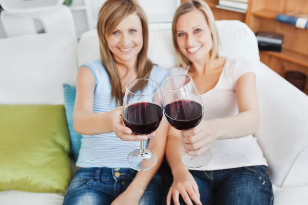 Two cute women holding a wineglass on a sofa — Stock Photo, Image