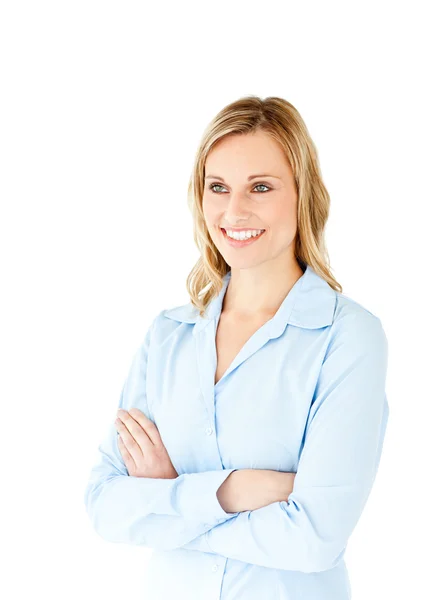 Confident businesswoman with folded arms smiling at the camera — Stock Photo, Image