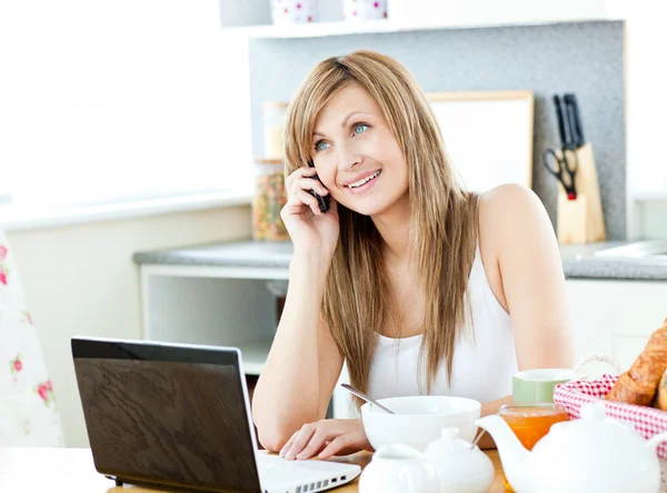 Young caucasian woman using her laptop and talking on phone duri — Stock Photo, Image