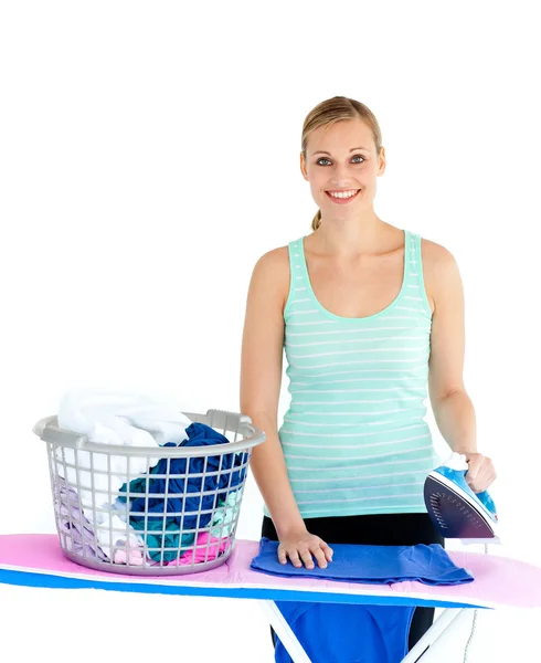 Happy woman ironing — Stock Photo, Image