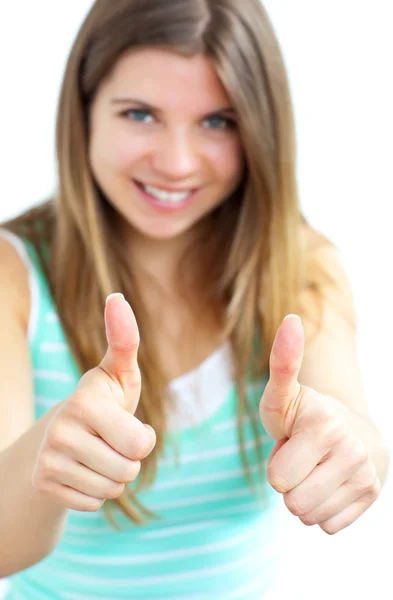 Young caucasian woman with her thumbs up to the camera — Stock Photo, Image