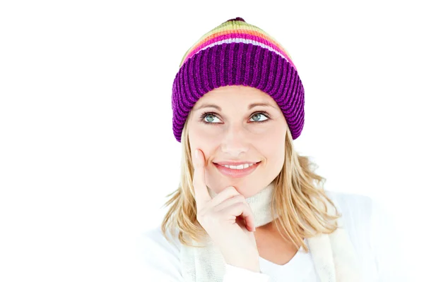Mulher pensativa com um chapéu colorido — Fotografia de Stock