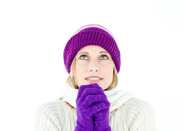 Freezed woman wearing cap and gloves — Stock Photo, Image