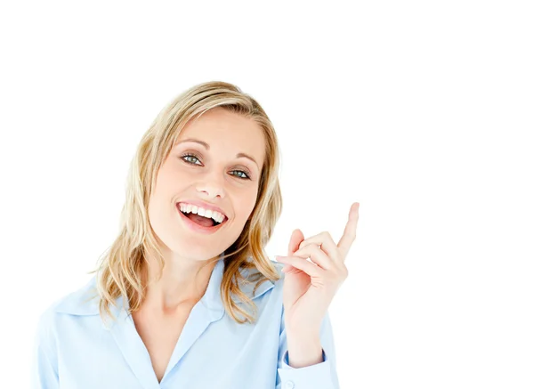 Cheerful businesswoman pointing upward isolated — Stock Photo, Image