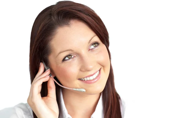 Charming young businesswoman wearing earpiece — Stock Photo, Image