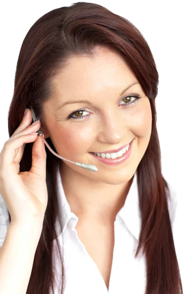 Sorridente giovane donna d'affari con le cuffie — Foto Stock