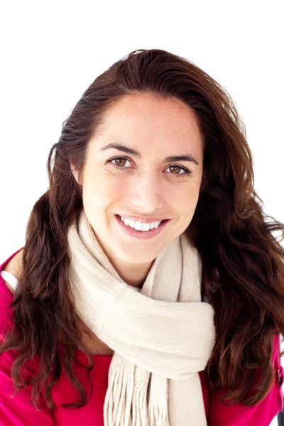Joyful woman wearing a scarf smiling at the camera — Stock Photo, Image