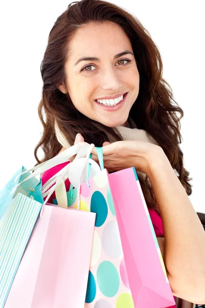 Brght woman holding shopping bags — Stock Photo, Image